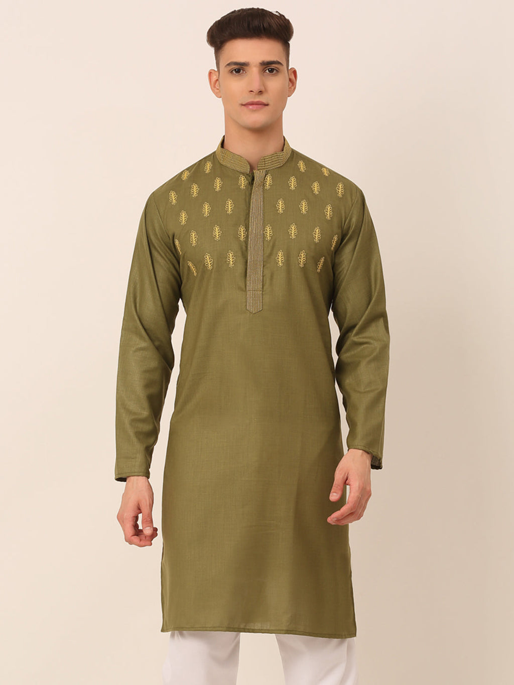 Jompers Men's Olive Green Embroidered Kurta | Grocsy