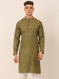 Jompers Men's Olive Green Embroidered Kurta | Grocsy