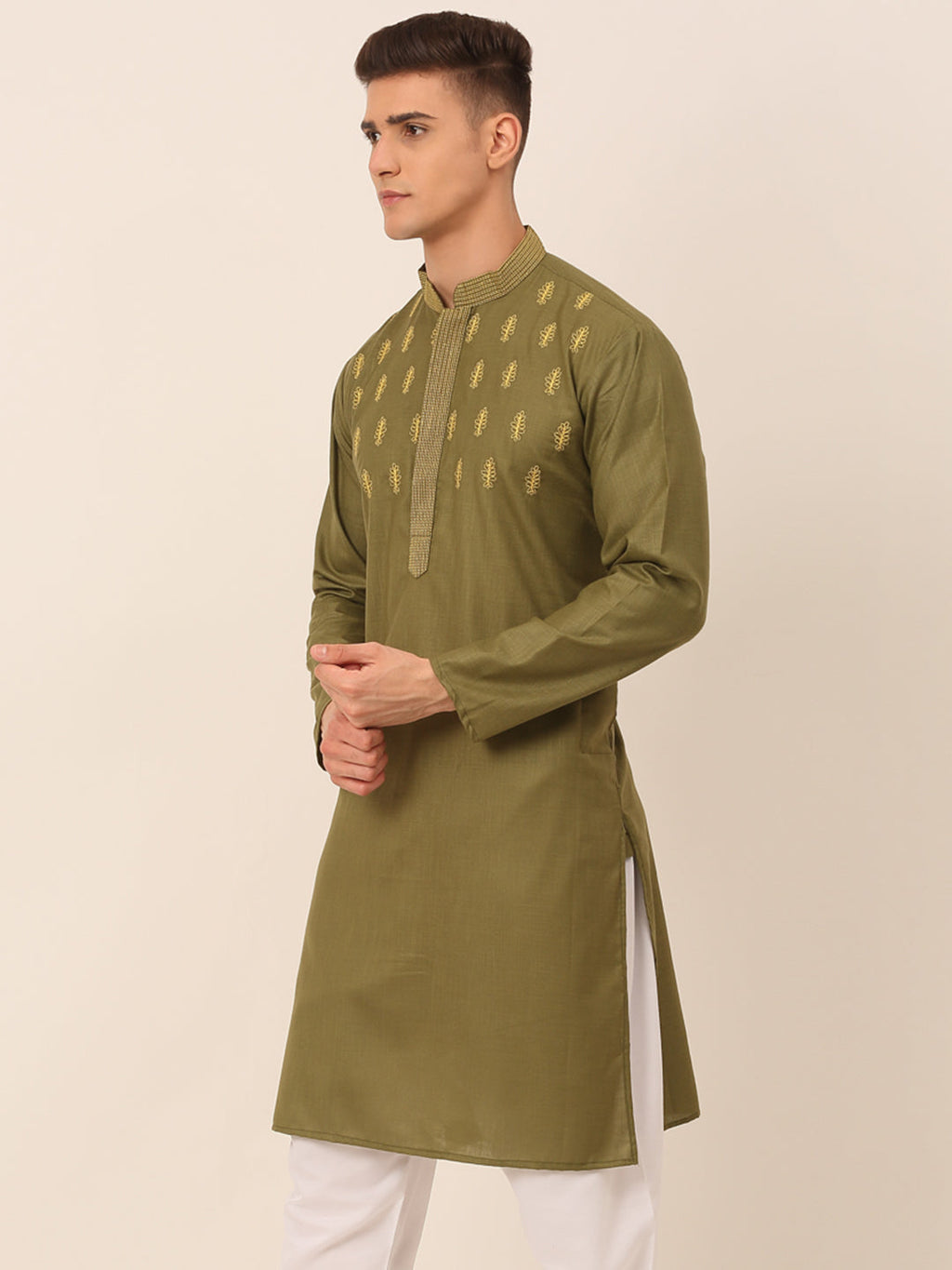 Jompers Men's Olive Green Embroidered Kurta | Grocsy