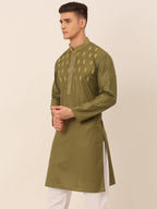 Jompers Men's Olive Green Embroidered Kurta | Grocsy