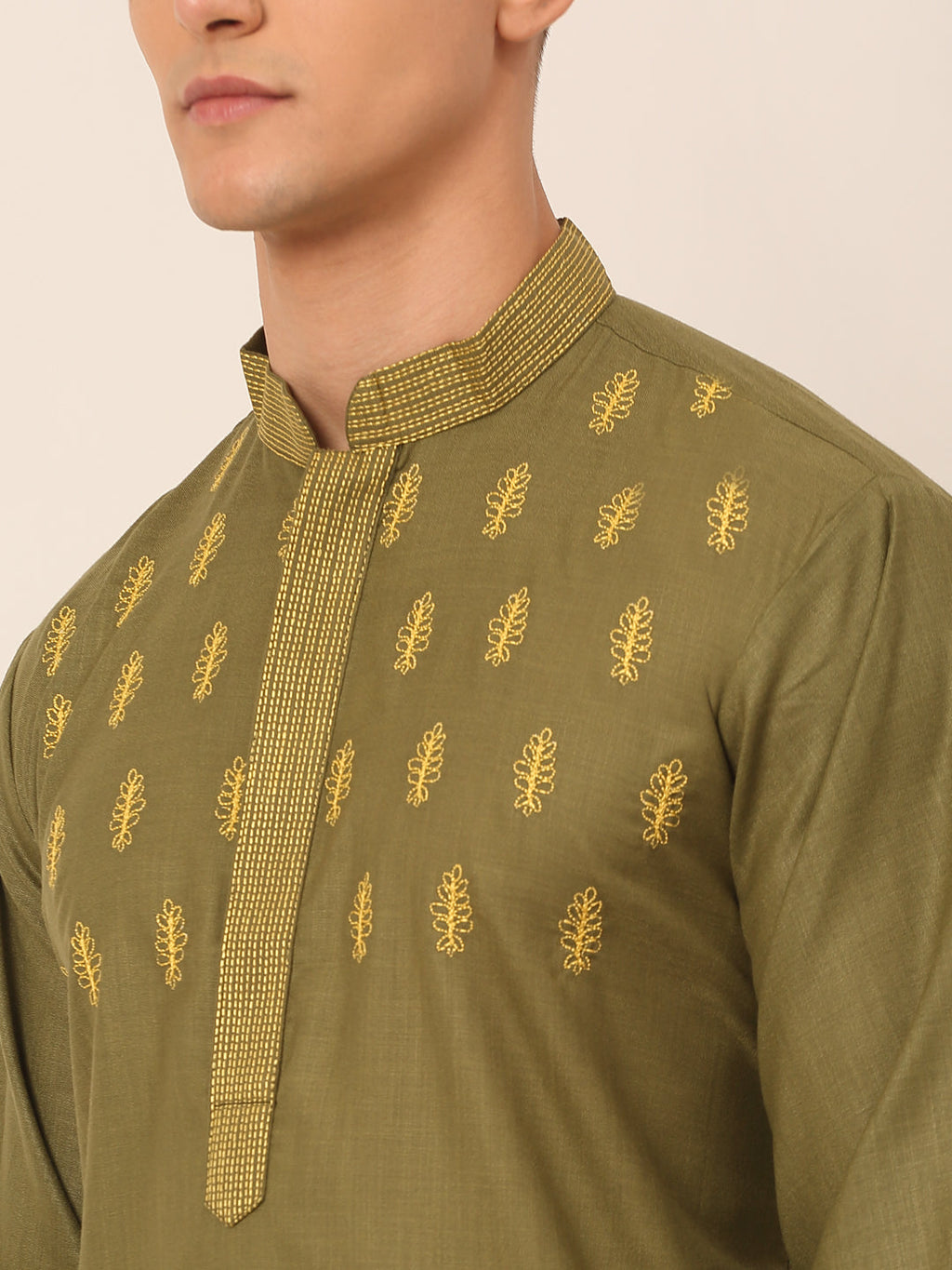 Jompers Men's Olive Green Embroidered Kurta | Grocsy