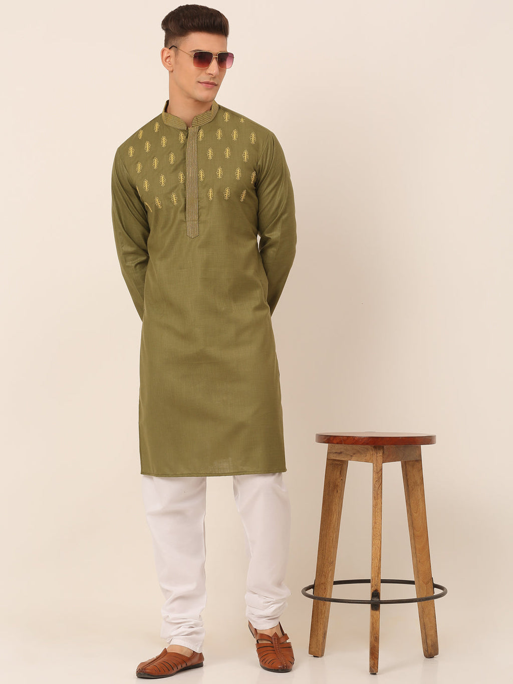 Jompers Men's Olive Green Embroidered Kurta | Grocsy