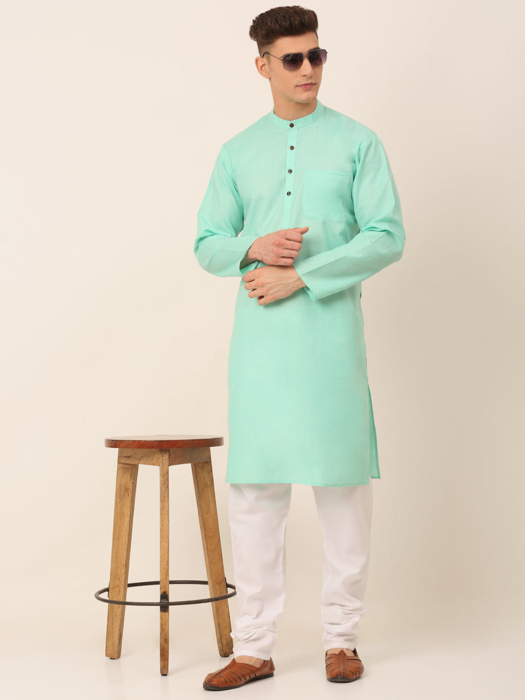 Jompers Men's Cotton Solid Kurta - Green | Grocsy