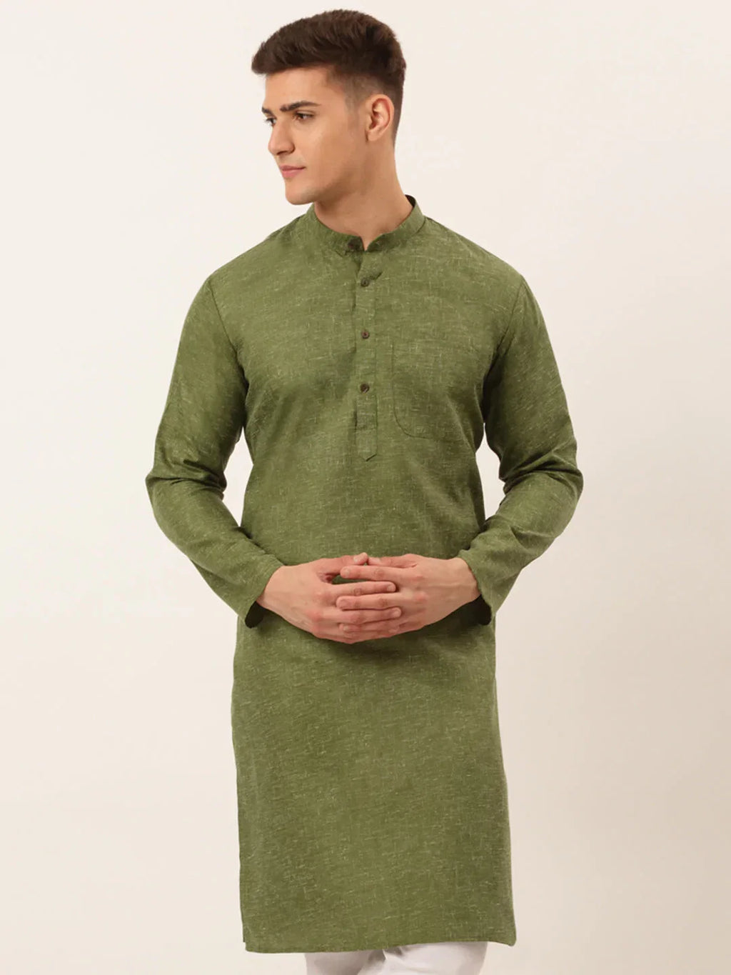 Jompers Men's Cotton Solid Kurta - Olive | Grocsy