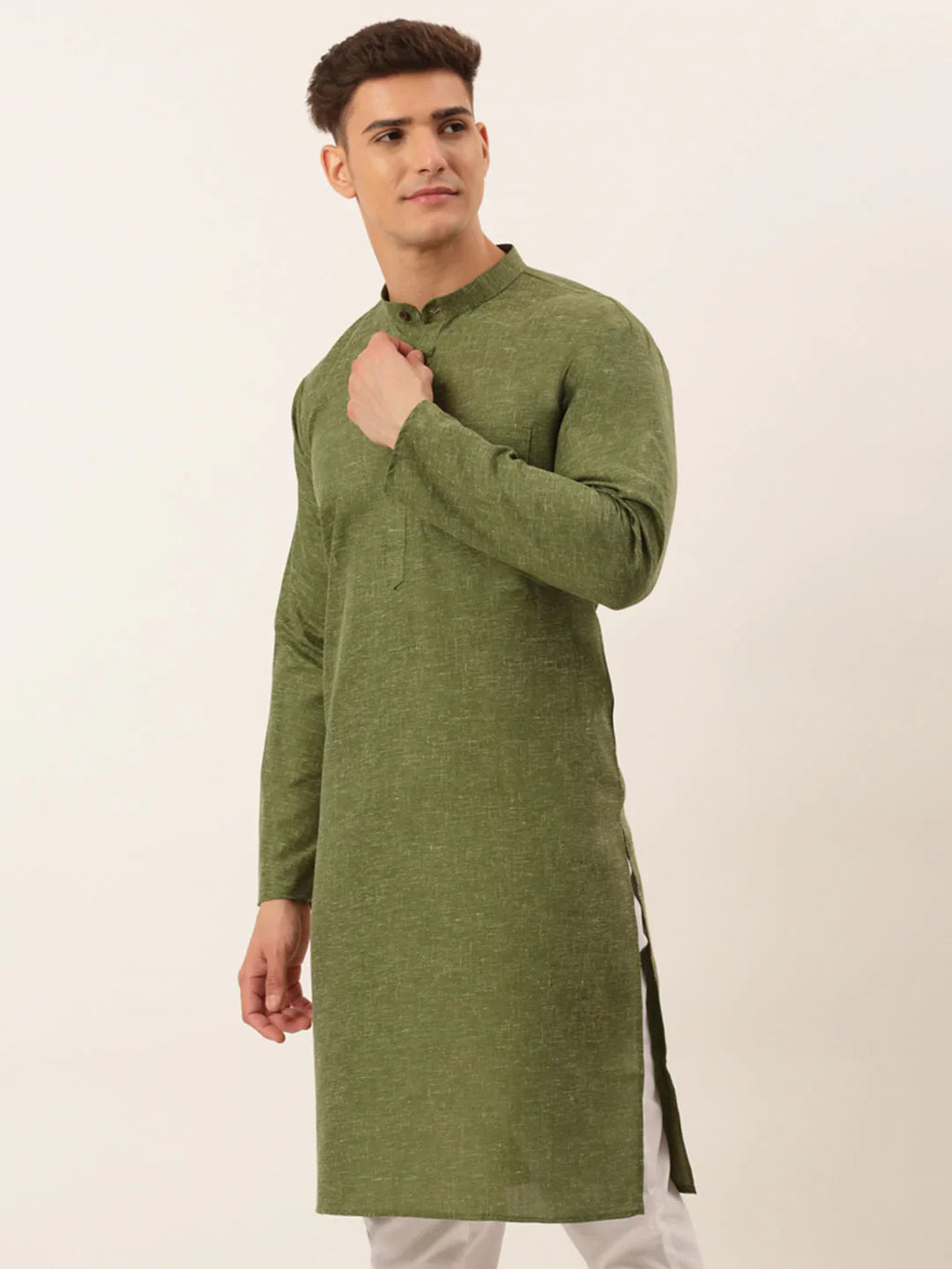 Jompers Men's Cotton Solid Kurta - Olive | Grocsy