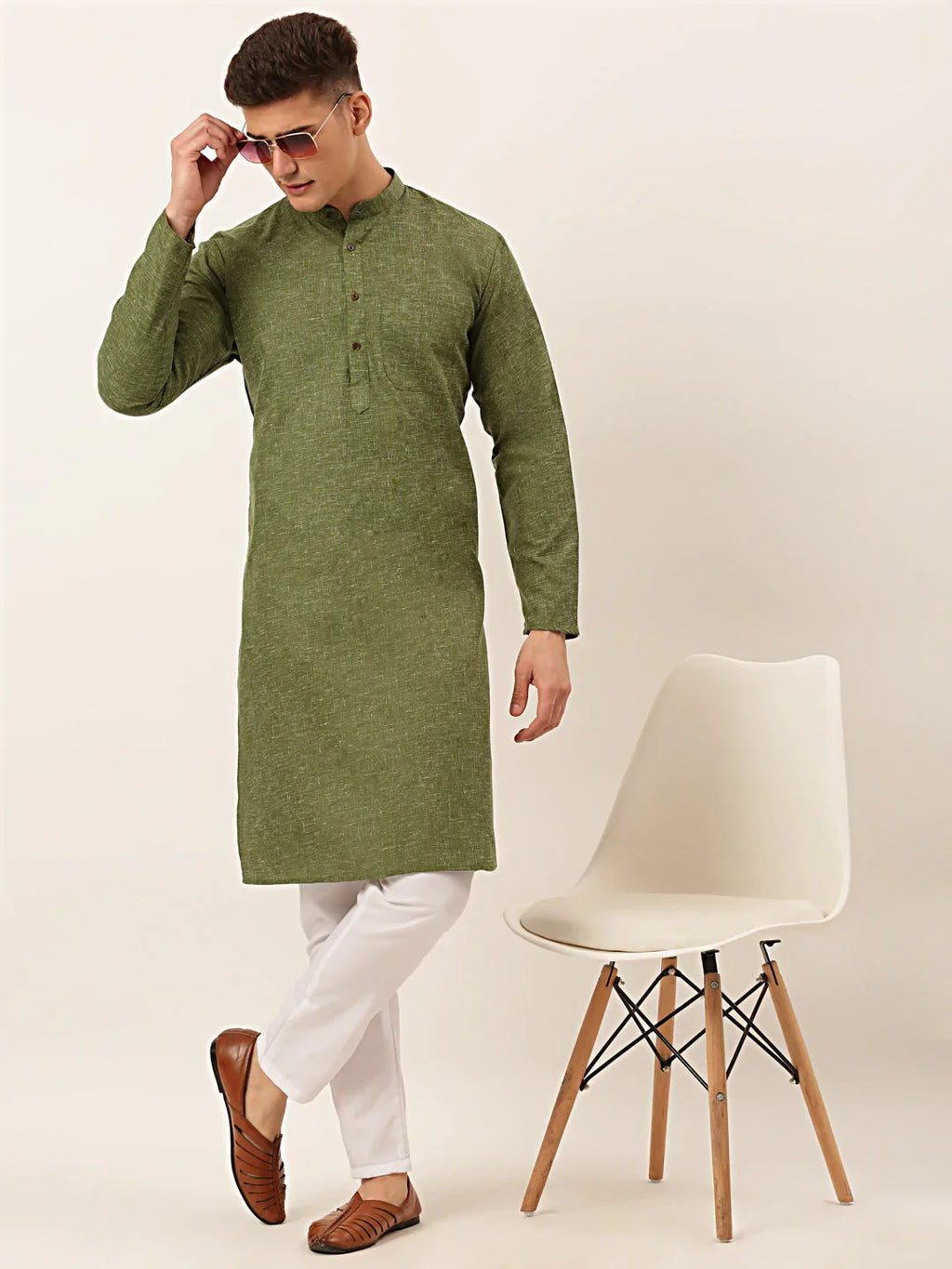 Jompers Men's Cotton Solid Kurta - Olive | Grocsy