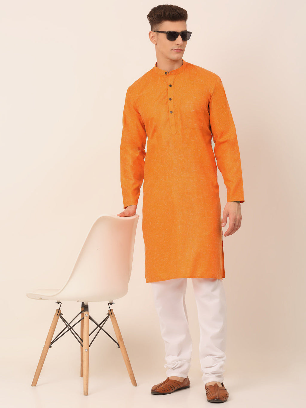Jompers Men's Cotton Solid Kurta - Orange | Grocsy
