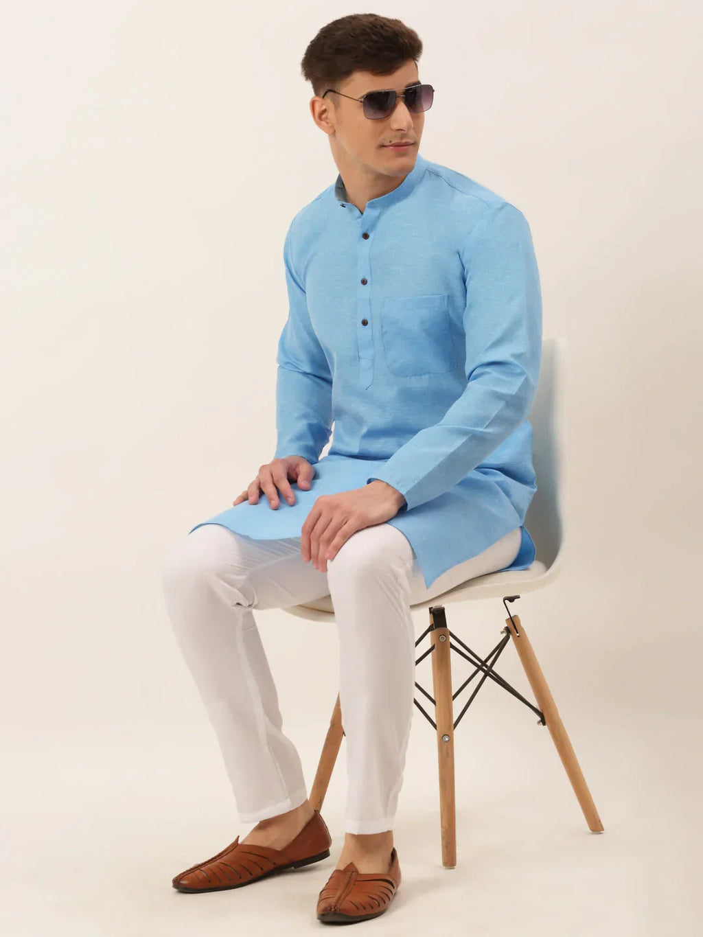 Jompers Men's Cotton Solid Kurta - Sky Blue | Grocsy