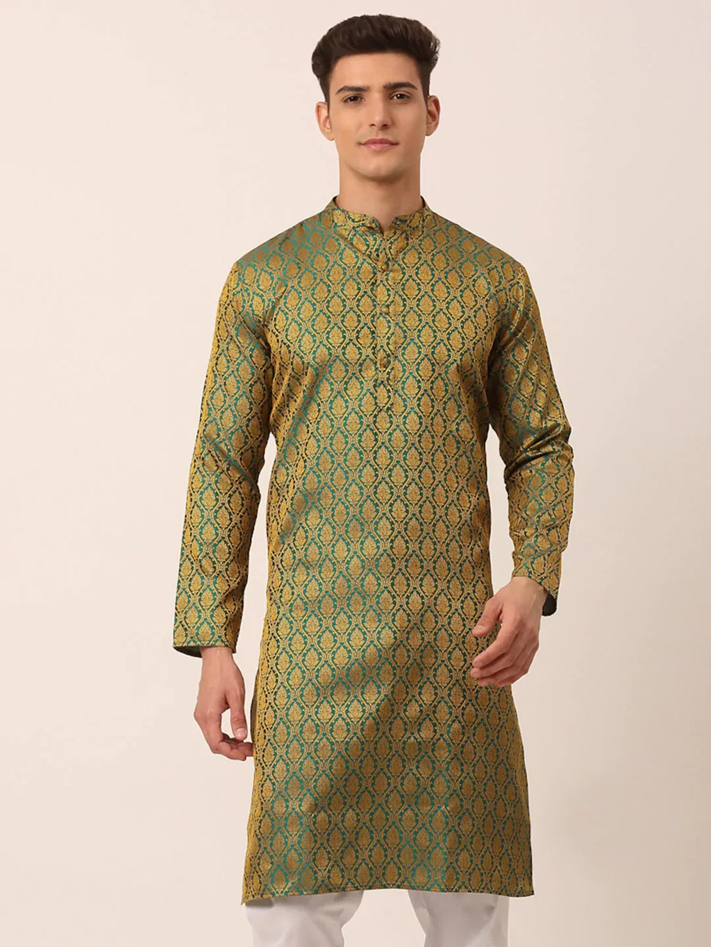 Jompers Men's Woven Design Jacquard Kurta - Green | Grocsy