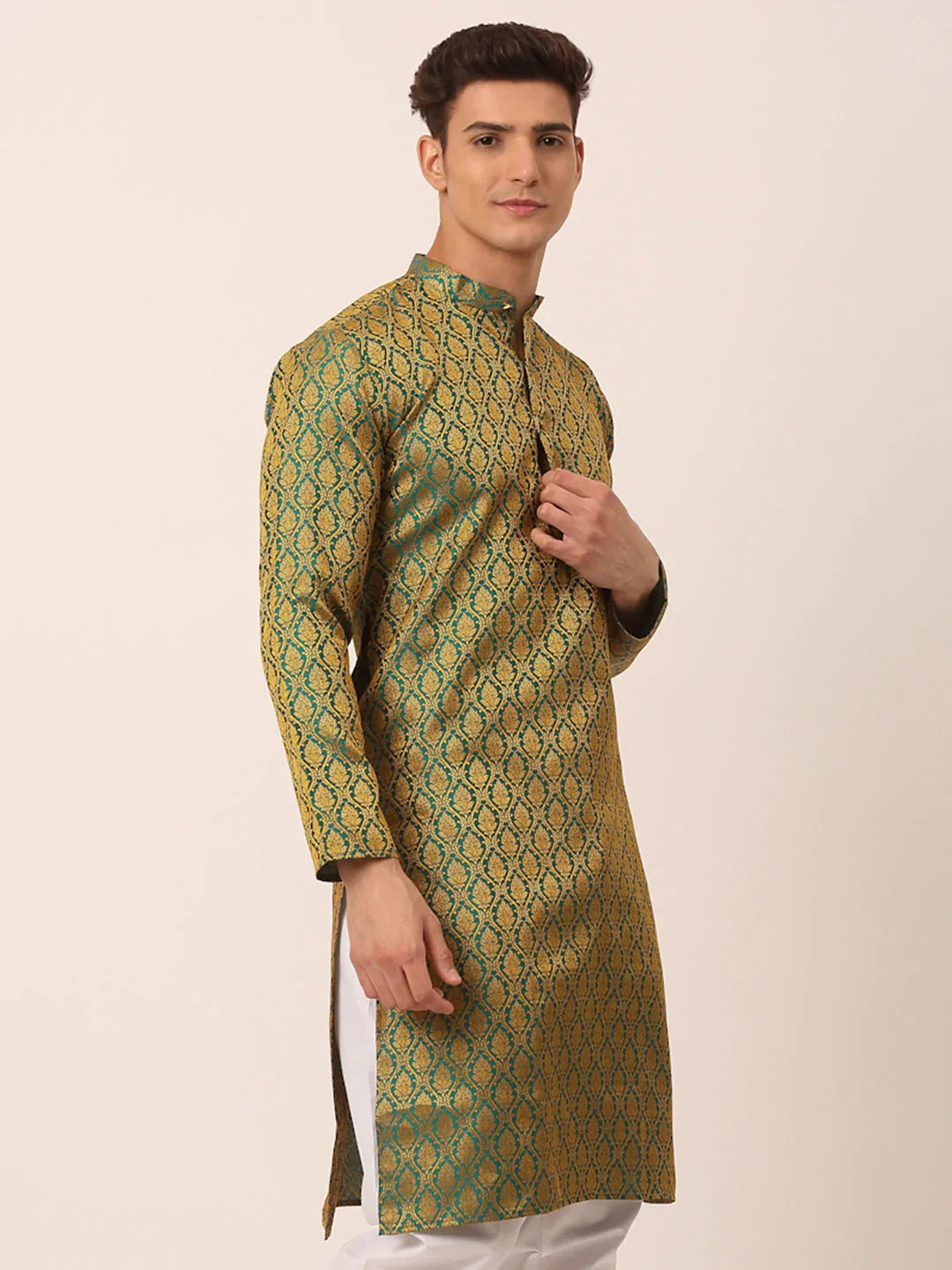 Jompers Men's Woven Design Jacquard Kurta - Green | Grocsy