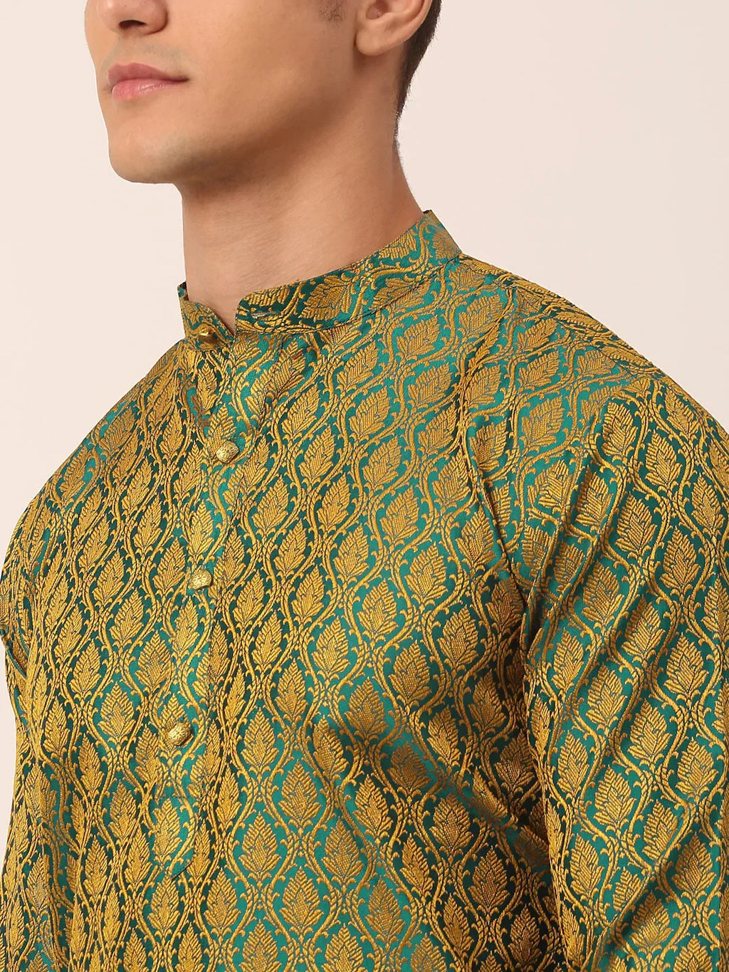 Jompers Men's Woven Design Jacquard Kurta - Green | Grocsy