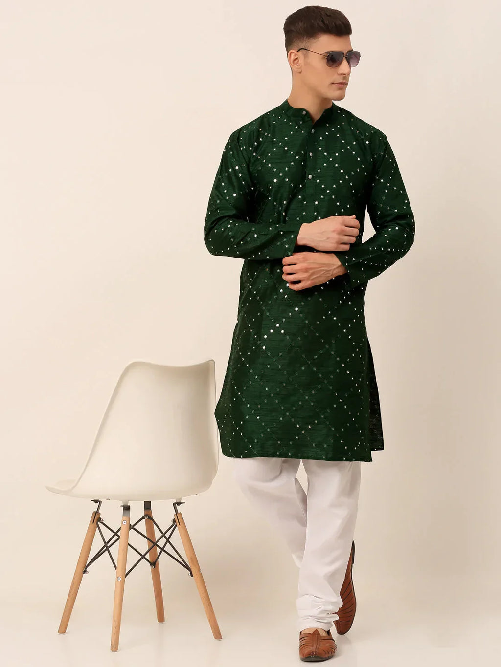 Jompers Men's Green Mirror Work Kurta Only | Grocsy