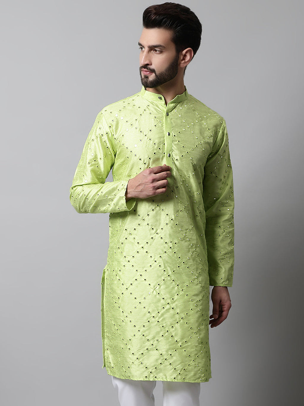 Jompers Men's Lime Green Embroidered Mirror Work Dupion Silk Kurta | Grocsy