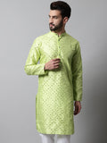 Jompers Men's Lime Green Embroidered Mirror Work Dupion Silk Kurta | Grocsy