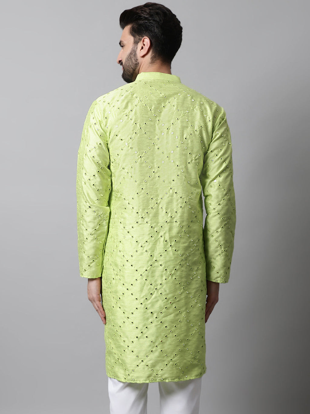 Jompers Men's Lime Green Embroidered Mirror Work Dupion Silk Kurta | Grocsy