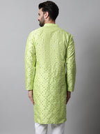 Jompers Men's Lime Green Embroidered Mirror Work Dupion Silk Kurta | Grocsy