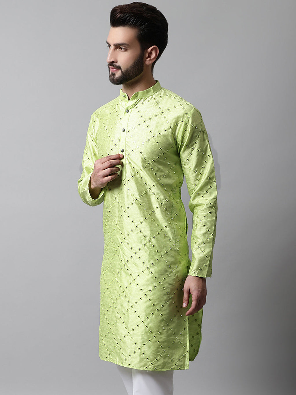 Jompers Men's Lime Green Embroidered Mirror Work Dupion Silk Kurta | Grocsy