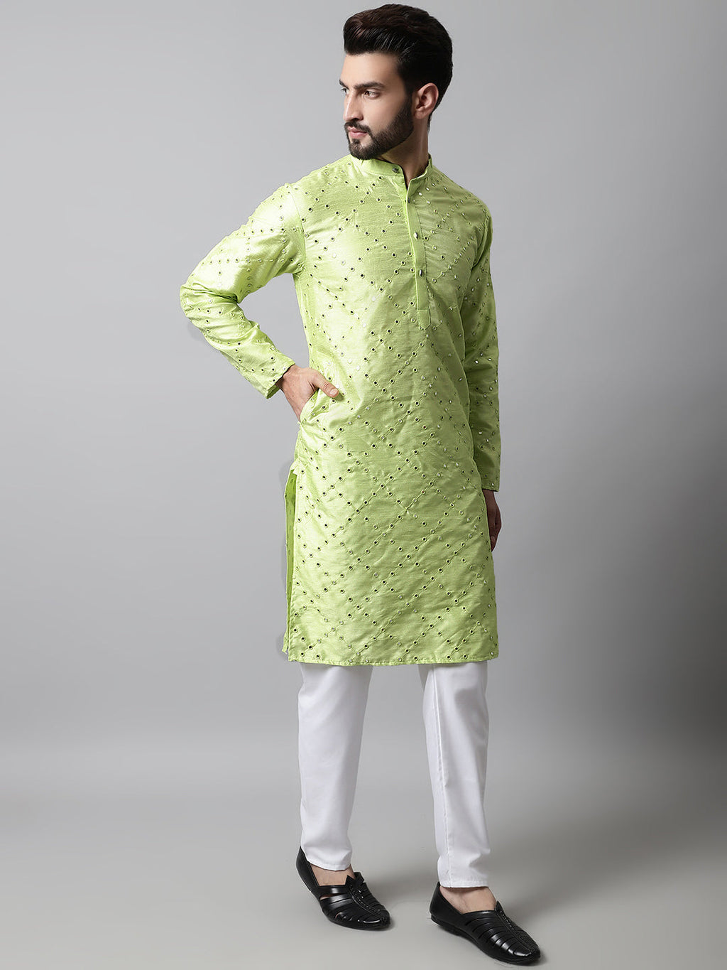 Jompers Men's Lime Green Embroidered Mirror Work Dupion Silk Kurta | Grocsy