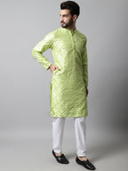 Jompers Men's Lime Green Embroidered Mirror Work Dupion Silk Kurta | Grocsy