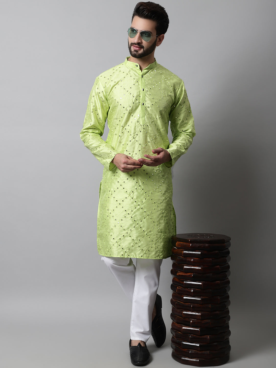 Jompers Men's Lime Green Embroidered Mirror Work Dupion Silk Kurta | Grocsy