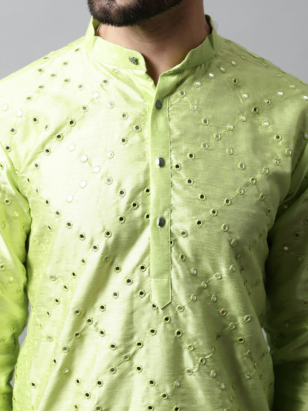 Jompers Men's Lime Green Embroidered Mirror Work Dupion Silk Kurta | Grocsy