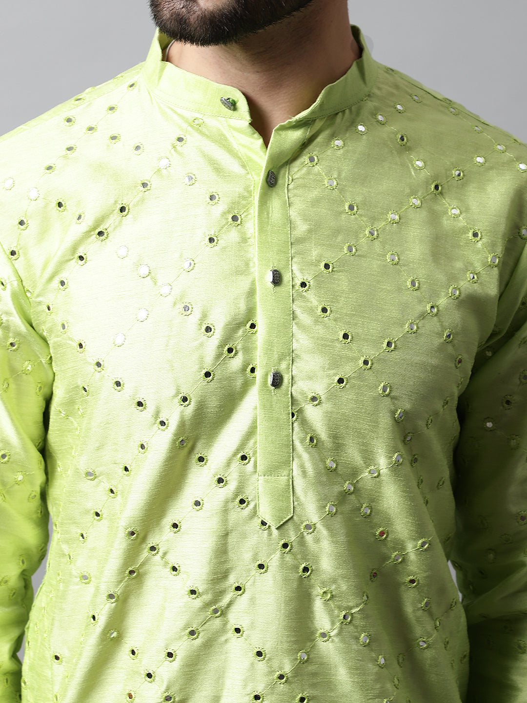 Jompers Men's Lime Green Embroidered Mirror Work Dupion Silk Kurta | Grocsy