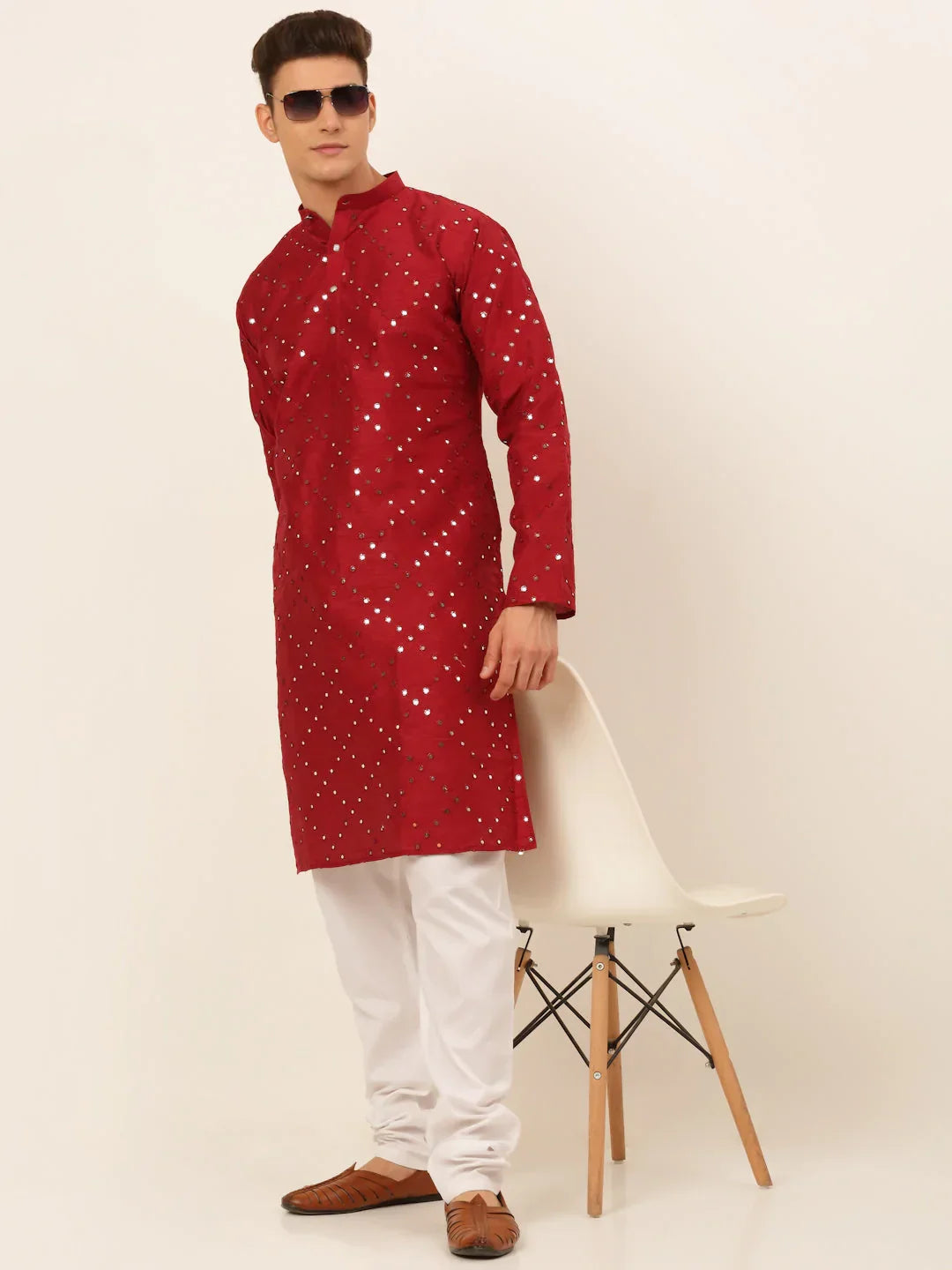 Jompers Men's Maroon Mirror Work Kurta Only | Grocsy