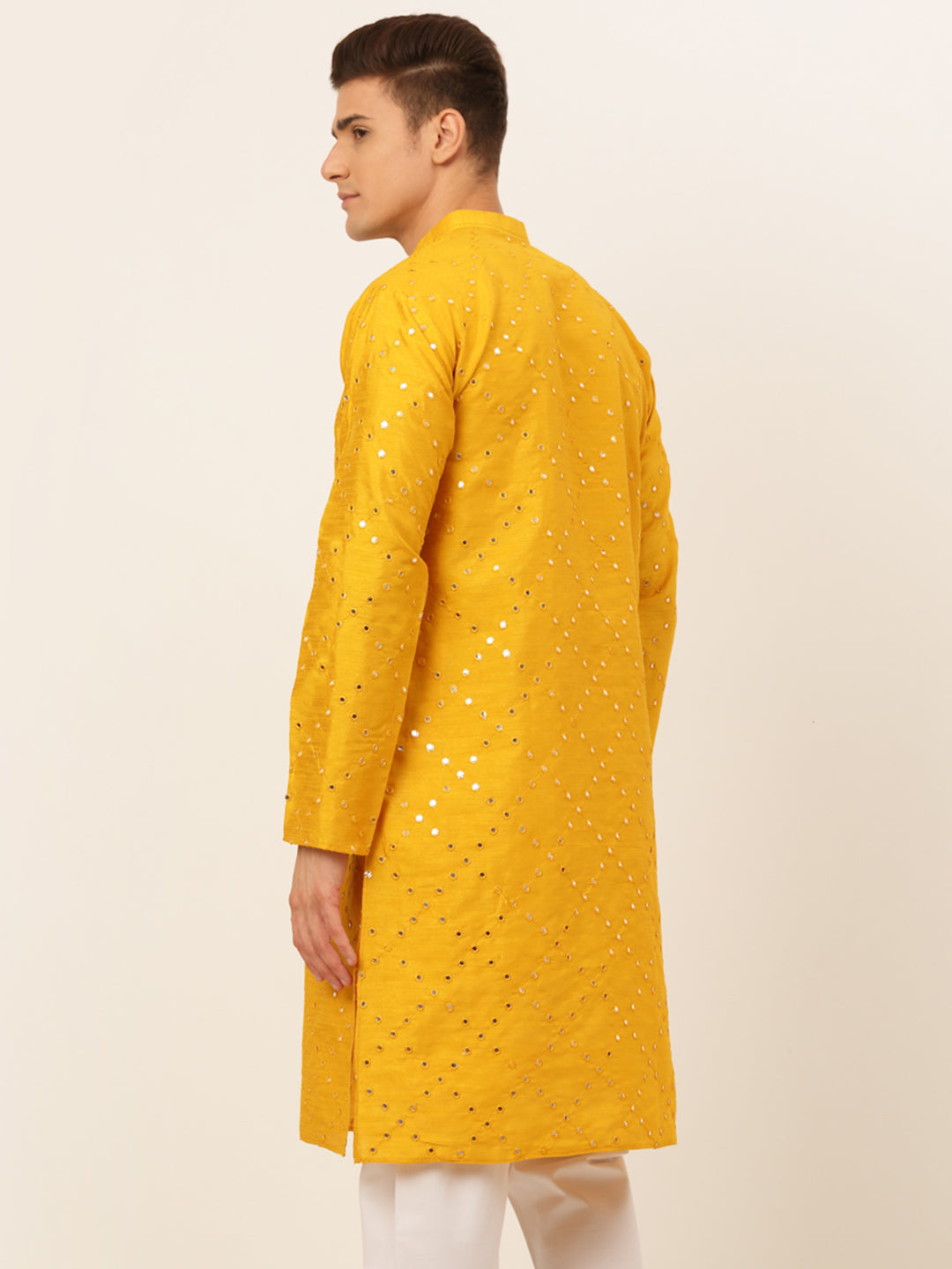 Jompers Men's Dupion Silk Embroidered Kurta - Mustard | Grocsy