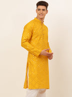 Jompers Men's Dupion Silk Embroidered Kurta - Mustard | Grocsy
