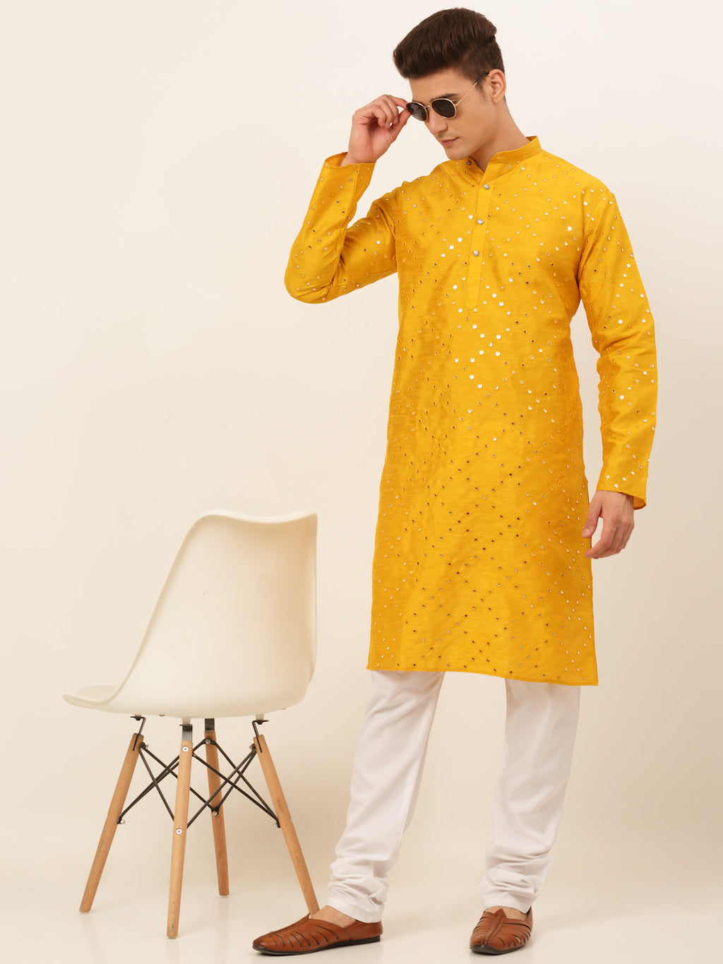 Jompers Men's Dupion Silk Embroidered Kurta - Mustard | Grocsy