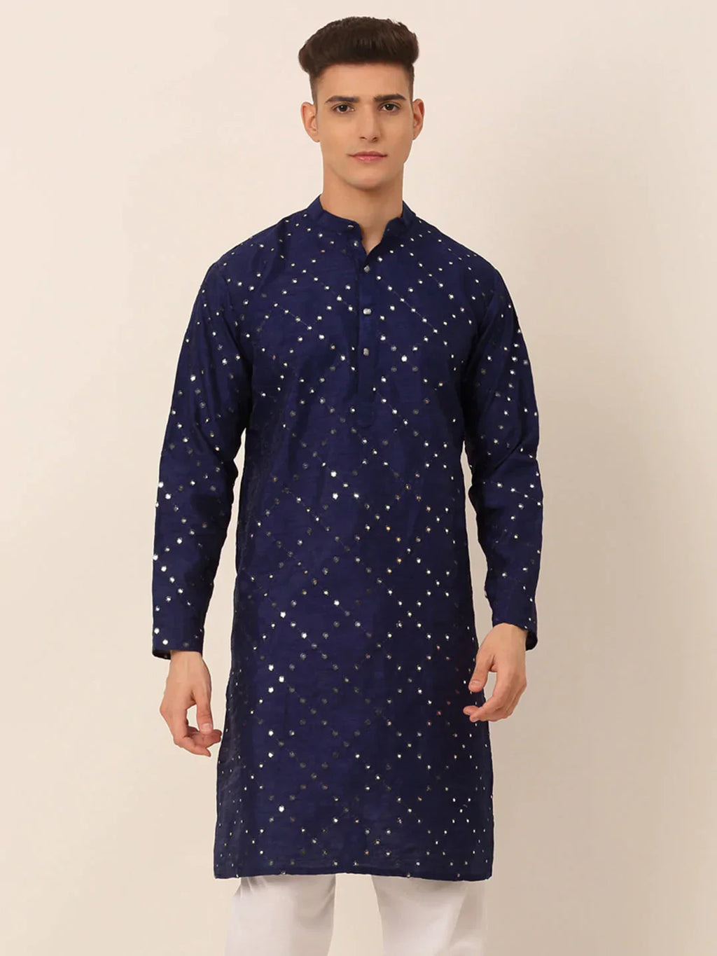 Jompers Men's Navy Blue Mirror Work Kurta Only | Grocsy