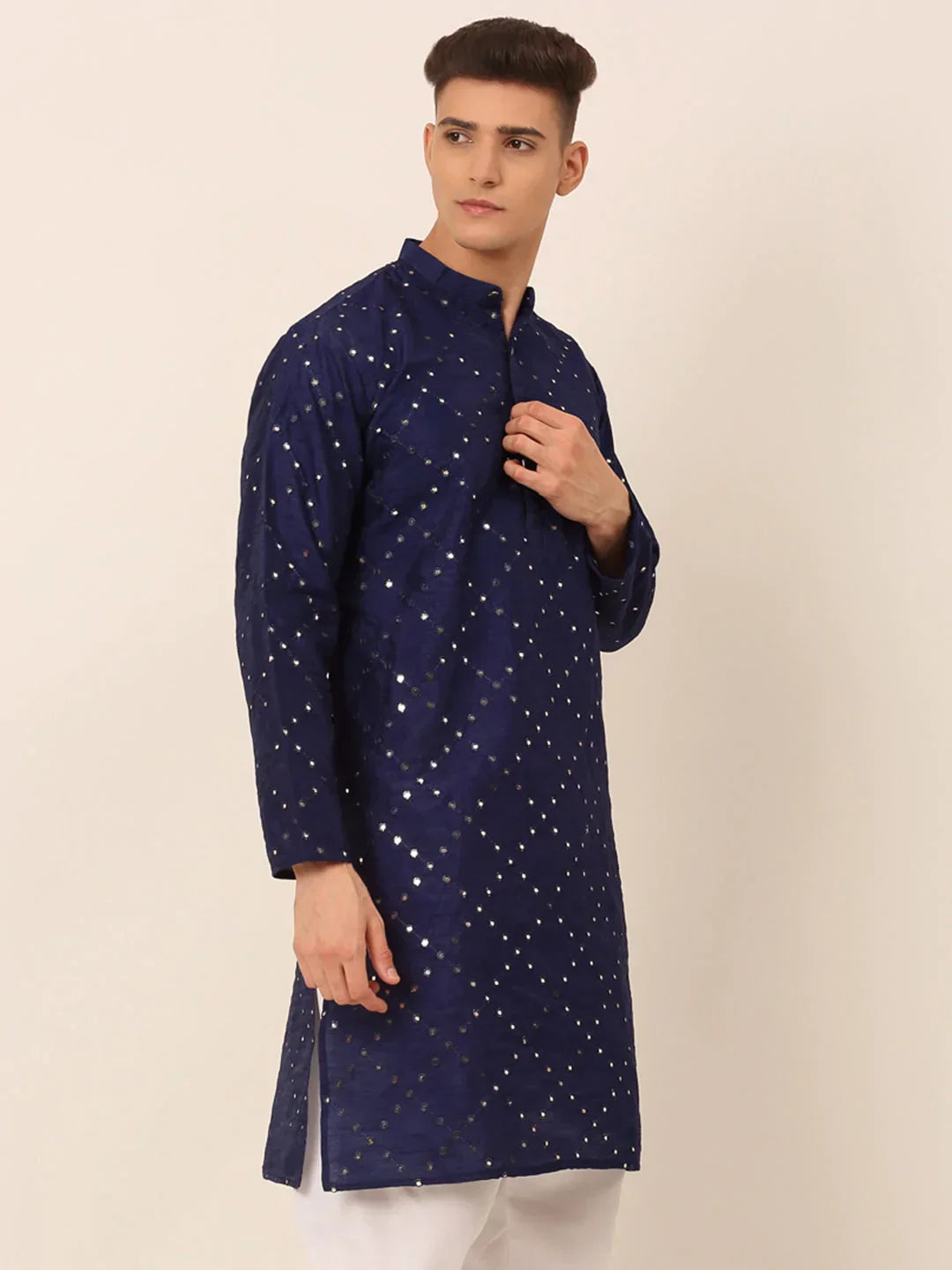 Jompers Men's Navy Blue Mirror Work Kurta Only | Grocsy