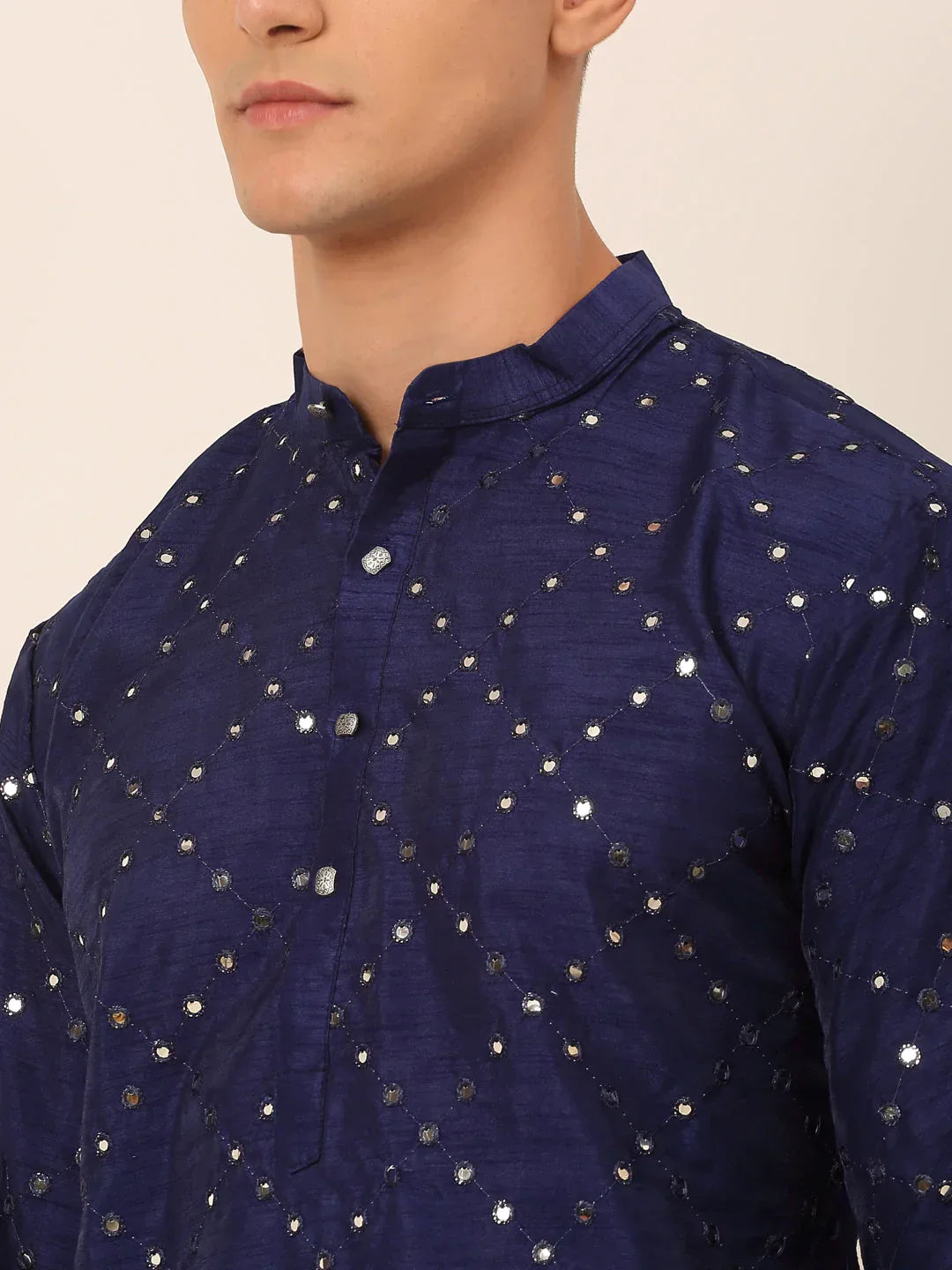 Jompers Men's Navy Blue Mirror Work Kurta Only | Grocsy