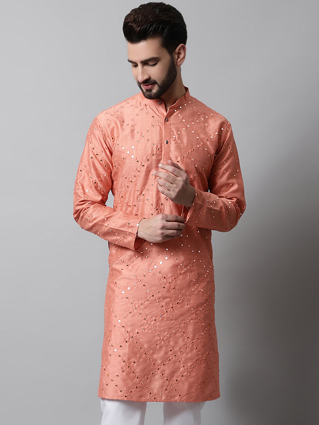 Jompers Men's Peach Embroidered Mirror Work Dupion Silk Kurta | Grocsy