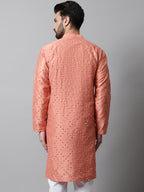 Jompers Men's Peach Embroidered Mirror Work Dupion Silk Kurta | Grocsy