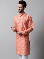 Jompers Men's Peach Embroidered Mirror Work Dupion Silk Kurta | Grocsy