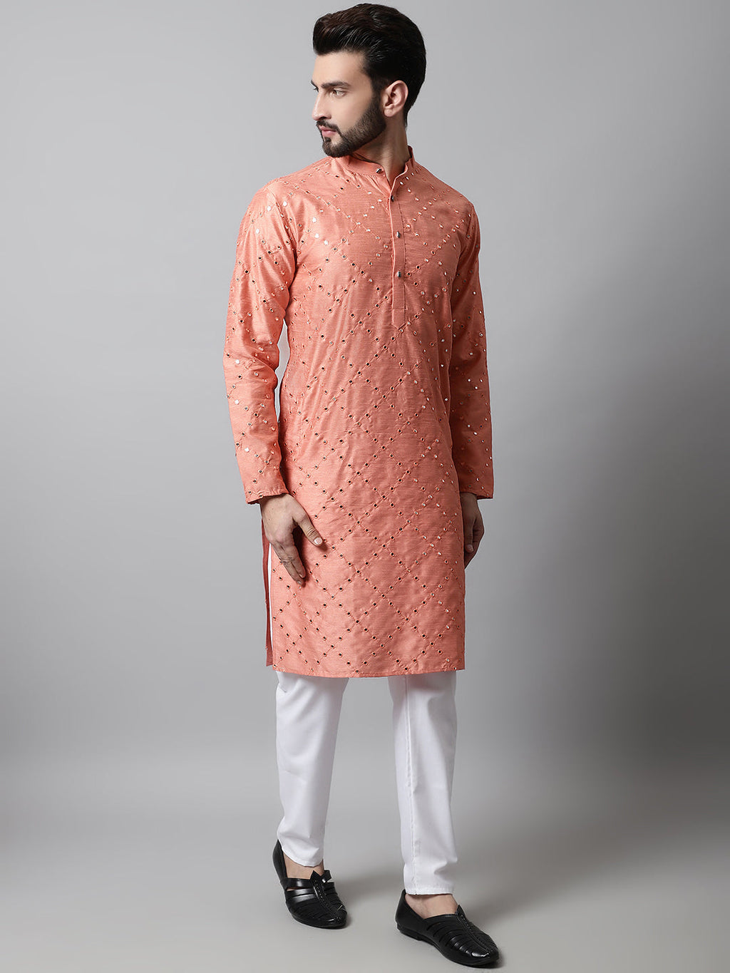 Jompers Men's Peach Embroidered Mirror Work Dupion Silk Kurta | Grocsy