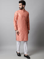 Jompers Men's Peach Embroidered Mirror Work Dupion Silk Kurta | Grocsy