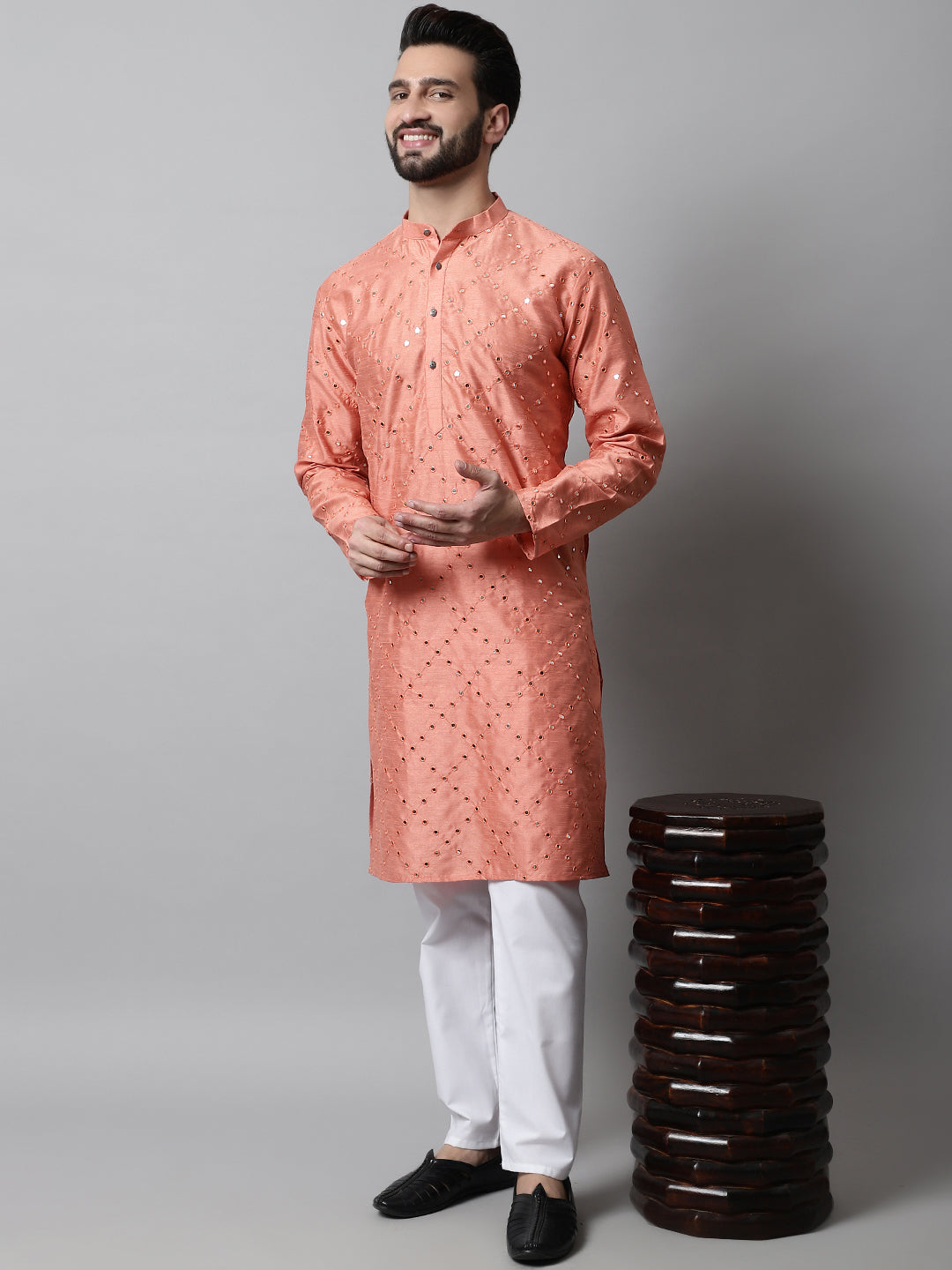 Jompers Men's Peach Embroidered Mirror Work Dupion Silk Kurta | Grocsy
