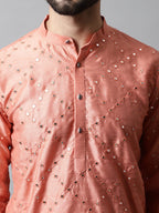 Jompers Men's Peach Embroidered Mirror Work Dupion Silk Kurta | Grocsy