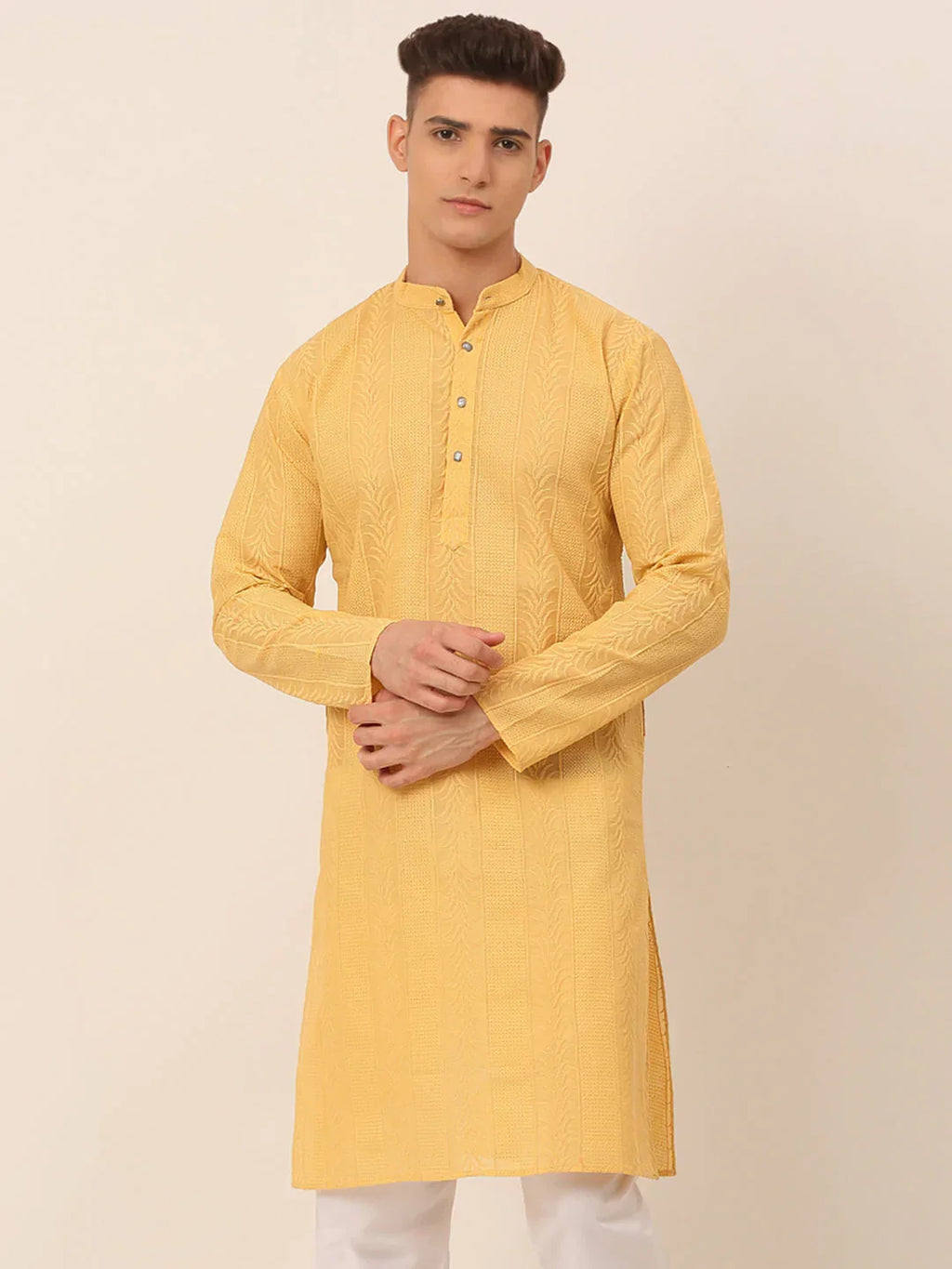 Jompers Men's Pure Cottom Embroidered Kurta Only - Beige | Grocsy