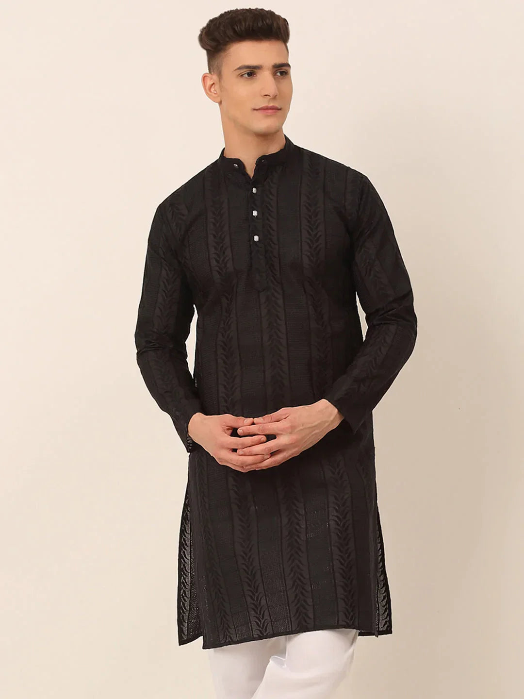 Jompers Men's Pure Cottom Embroidered Kurta Only - Black | Grocsy
