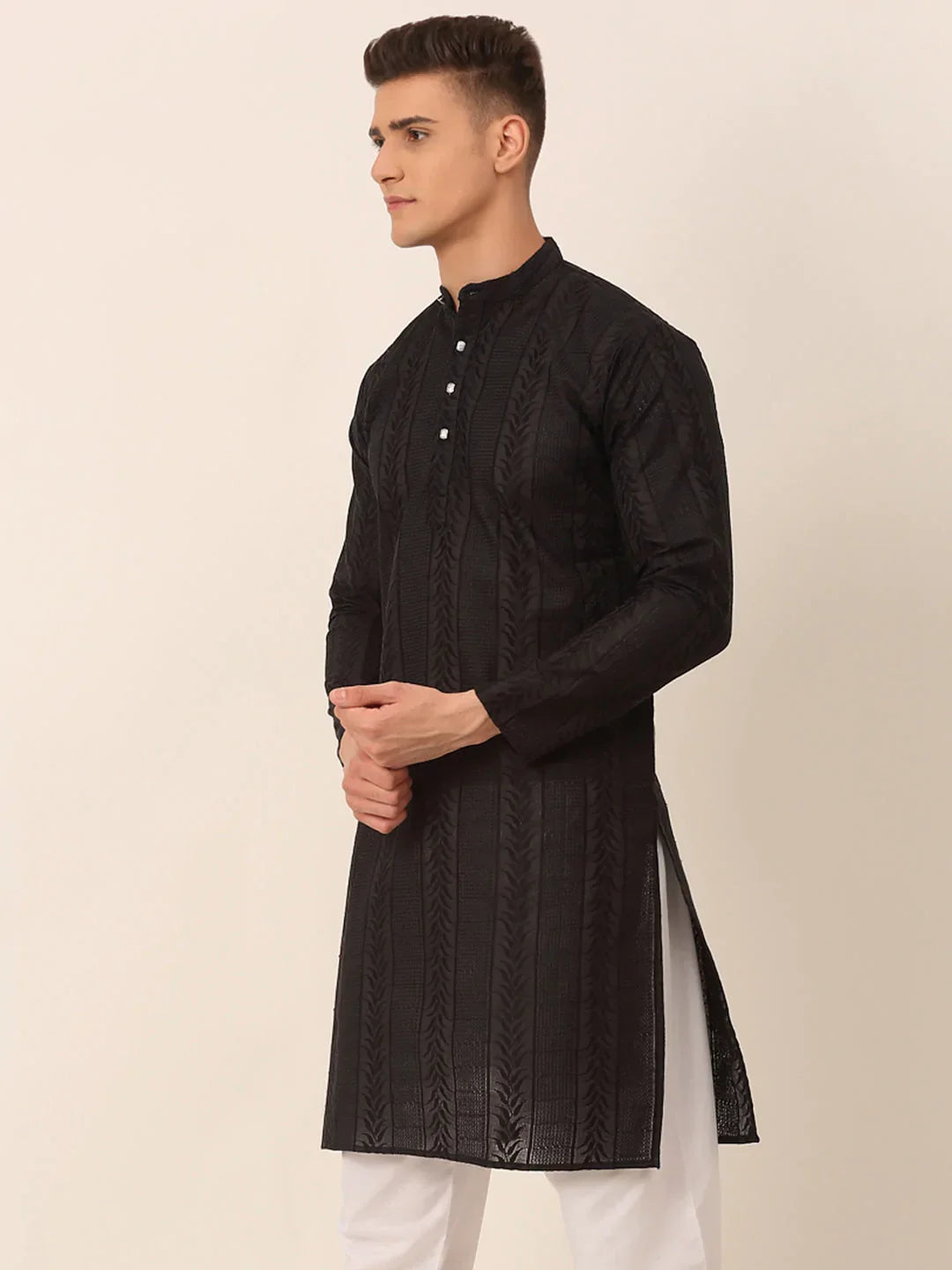 Jompers Men's Pure Cottom Embroidered Kurta Only - Black | Grocsy