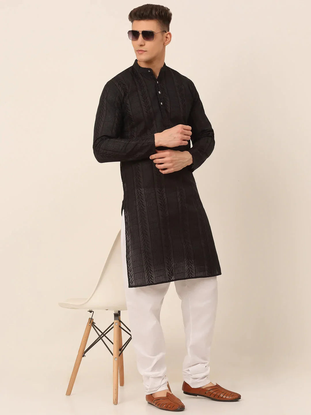 Jompers Men's Pure Cottom Embroidered Kurta Only - Black | Grocsy