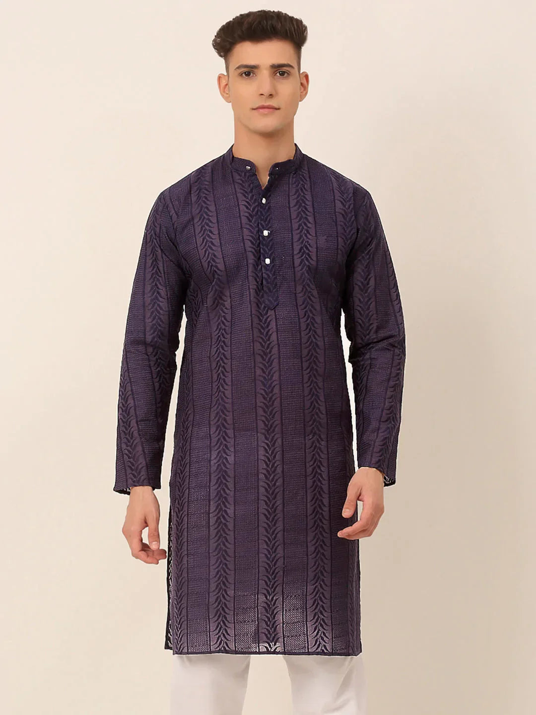 Jompers Men's Pure Cottom Embroidered Kurta Only - Navy Blue | Grocsy