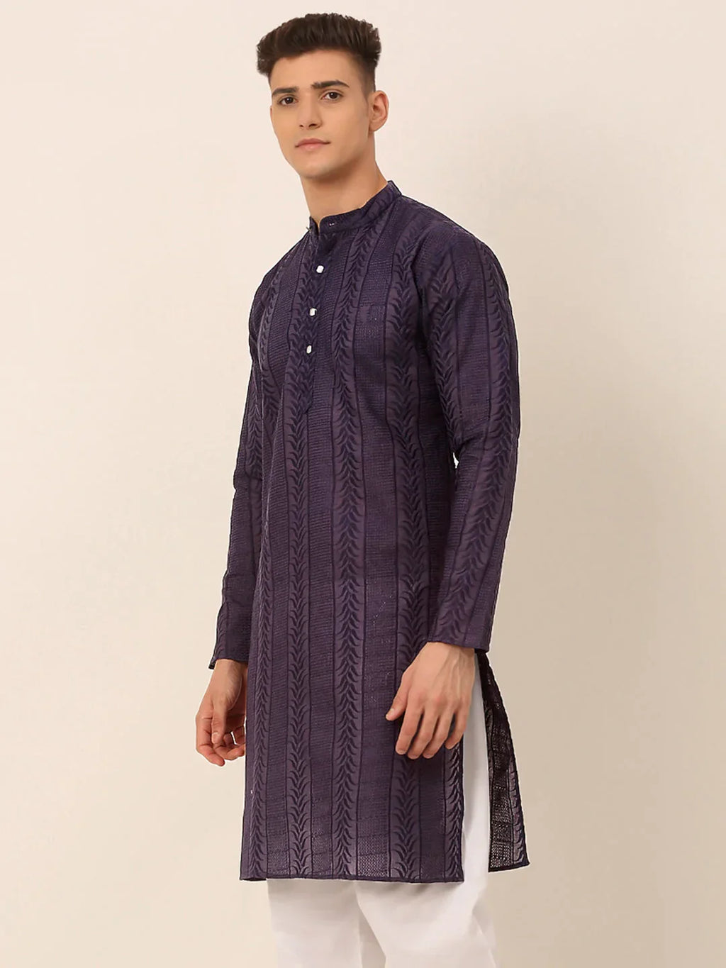 Jompers Men's Pure Cottom Embroidered Kurta Only - Navy Blue | Grocsy