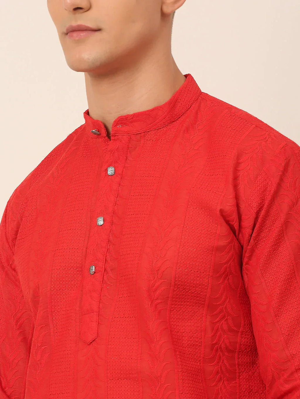 Jompers Men's Pure Cottom Embroidered Kurta Only - Red | Grocsy
