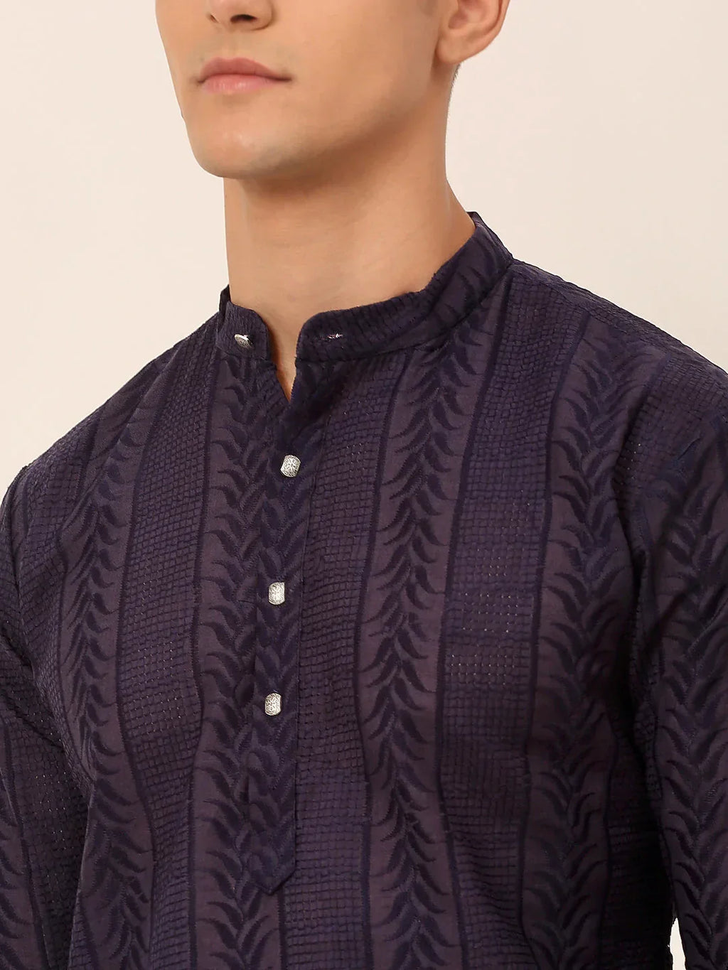Jompers Men's Pure Cottom Embroidered Kurta Only - Navy Blue | Grocsy