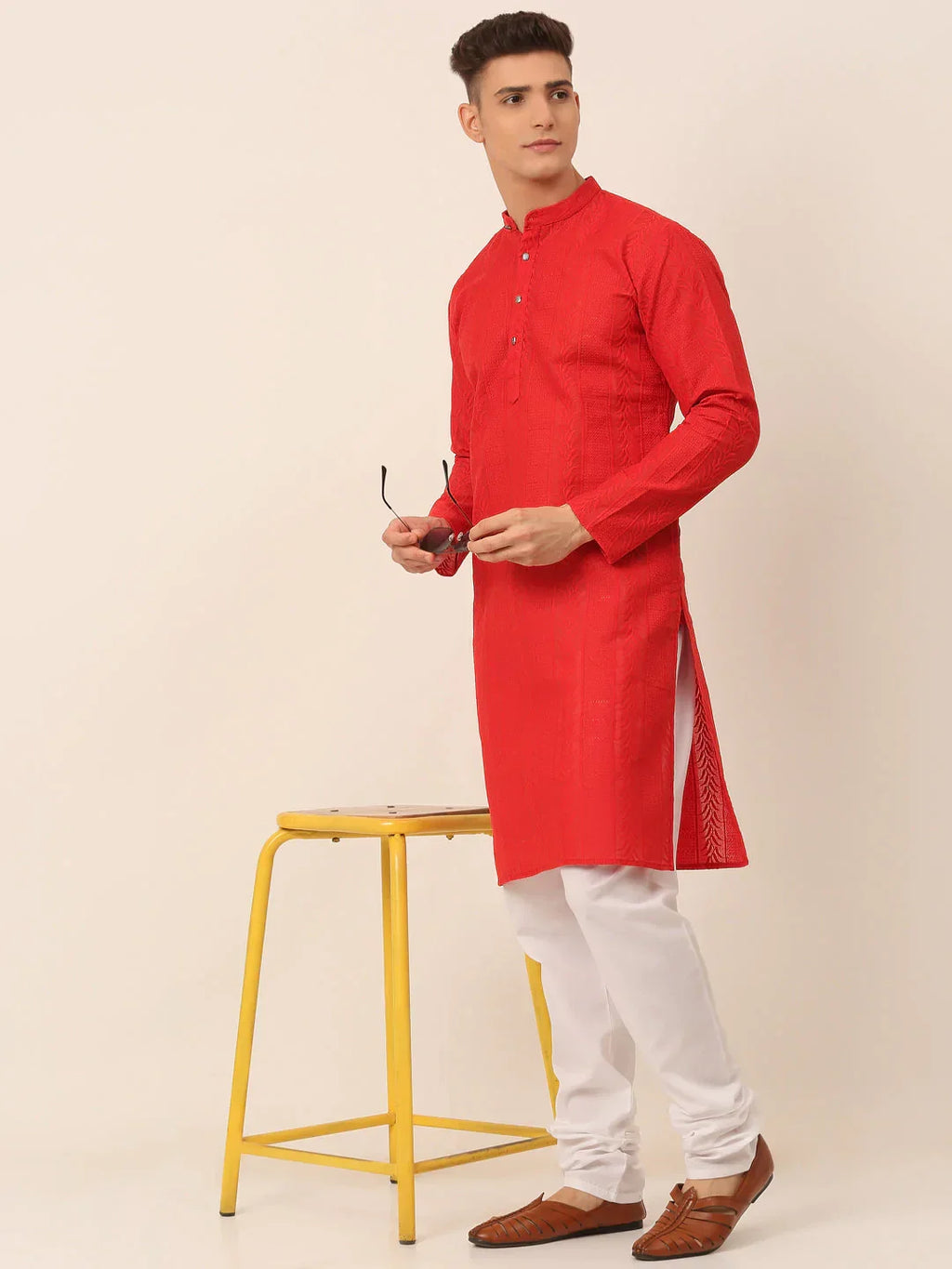 Jompers Men's Pure Cottom Embroidered Kurta Only - Red | Grocsy