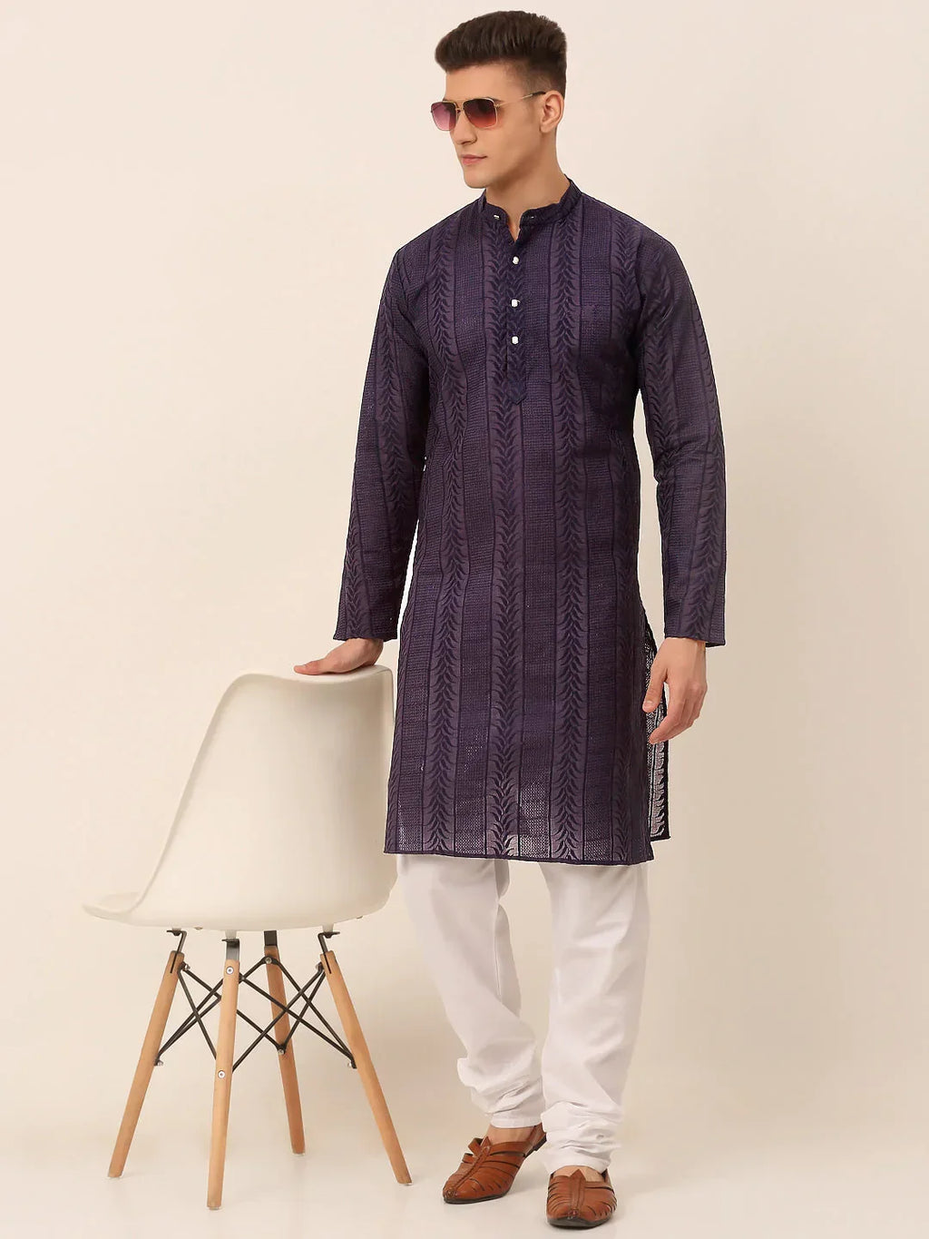 Jompers Men's Pure Cottom Embroidered Kurta Only - Navy Blue | Grocsy